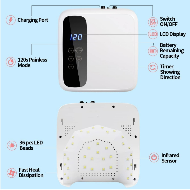 M&R 602PRO PRODEMESE LED LAMPA GWOAD, bezprzewodowa suszarka do paznokci, 72W do ładowania LED Light, przenośna lampa paznokciowa UV z czujnikiem ustawień 4 -licznika i wyświetlaczem LCD, profesjonalna lampa paznokciowa do lakieru żelowego