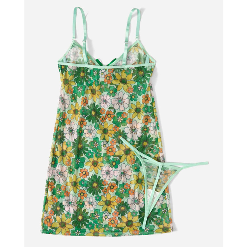 Spring Floral Print Cami Tie Bow Front Slip z seksownym kontrastowym stringi