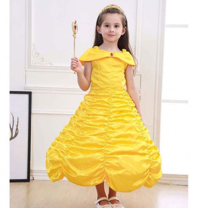 Halloweenowe ubrania dla dzieci warstwowe z ramiona żółta księżniczka Belle kostium małe dziewczynki Halloween sukienka HCBL-001