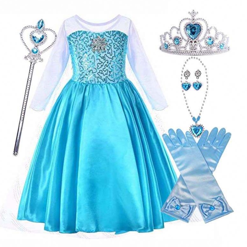 Snow Party Queen Halloween Costume Blue Long Rleeve Queen Sequin Elsa sukienka dla dziewcząt z akcesoriami HCGD-006