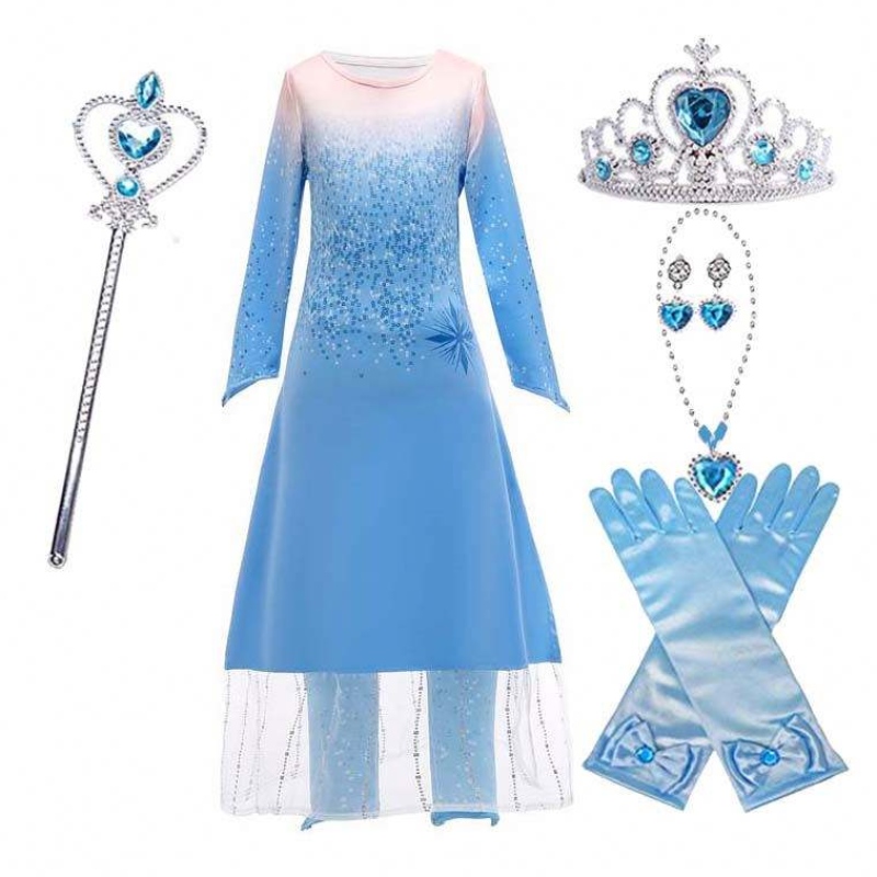 Księżniczka Fancy Little Girls Długie sukienki 2PCS Elsa Dress Cosplay z akcesoriami HCGD-021