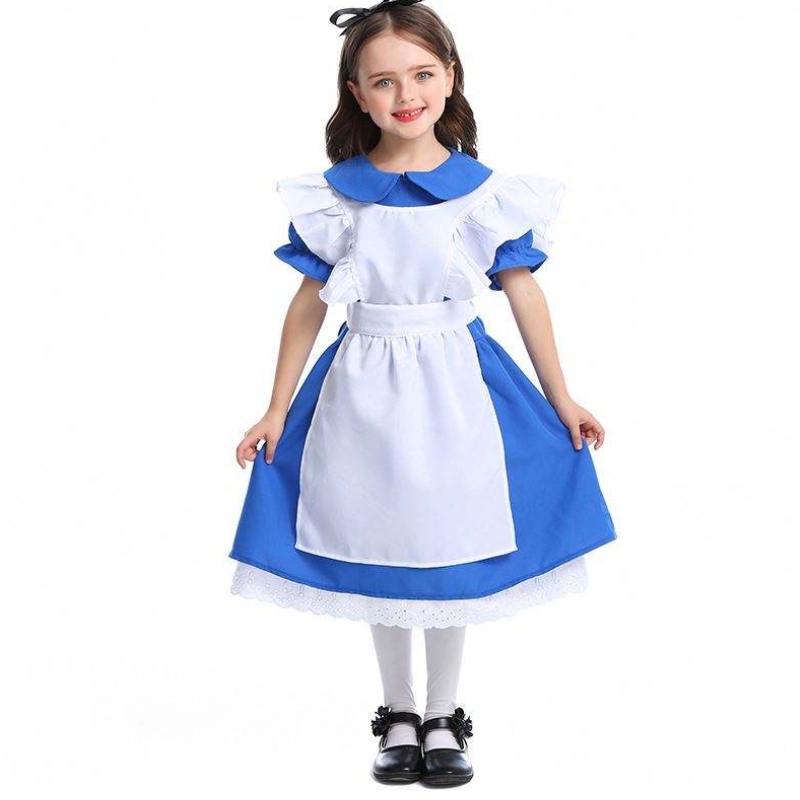 Girls Halloween Ruffle Trim Tape Blue Alice in Wonderland Cosplay Kids with White Fartuch 4-12 lat DGHC-070
