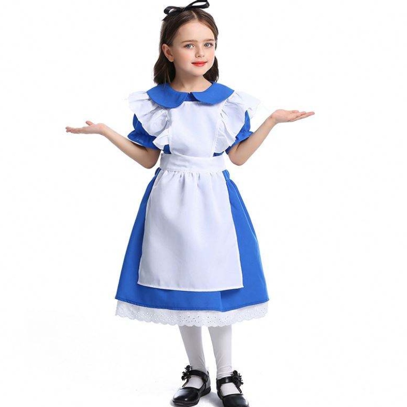 Girls Halloween Ruffle Trim Tape Blue Alice in Wonderland Cosplay Kids with White Fartuch 4-12 lat DGHC-070