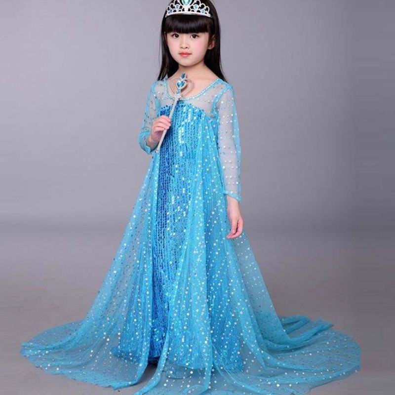 Baige Blue Elsa Cequined Girl Kids Halloween Cosplay Costume Elsa Ana Princess Dress