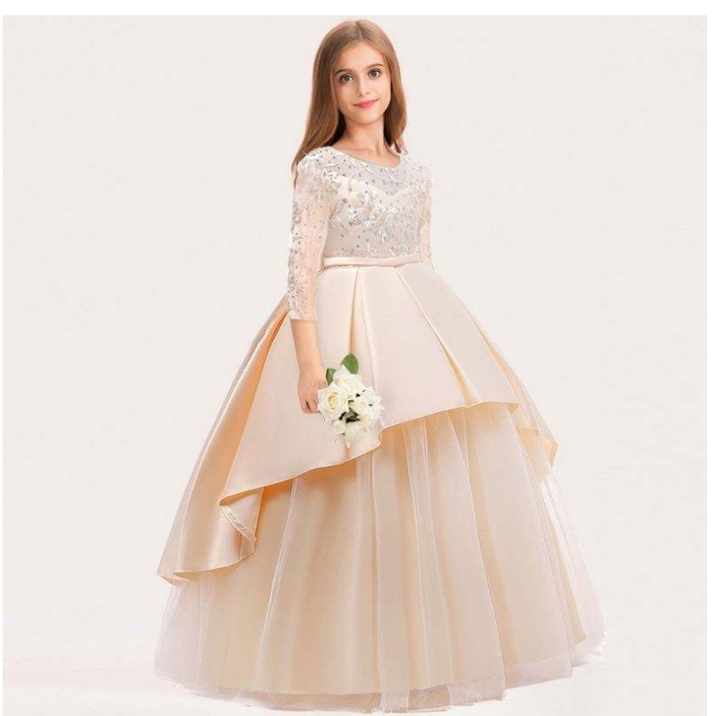 Baige Long Style Dzieci Wedding Ball Suknia Dziewczyny Design Design Dzieci Party Noś długie sukienki 9101