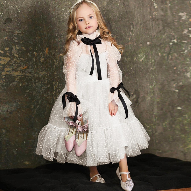 Polka-Dot Tiul Flower Girl Dresses Illusion Long Rleeves Girl Wedding Party Sukienka Wstążki Komunion Ubierz urodziny Nowy Rok