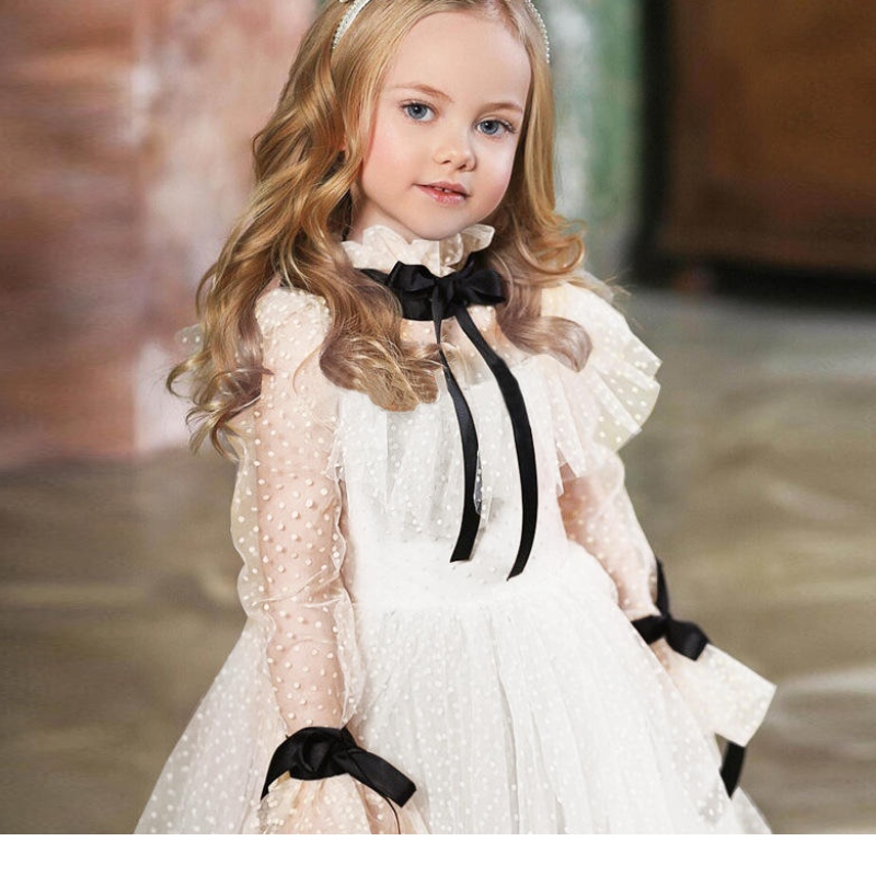 Polka-Dot Tiul Flower Girl Dresses Illusion Long Rleeves Girl Wedding Party Sukienka Wstążki Komunion Ubierz urodziny Nowy Rok