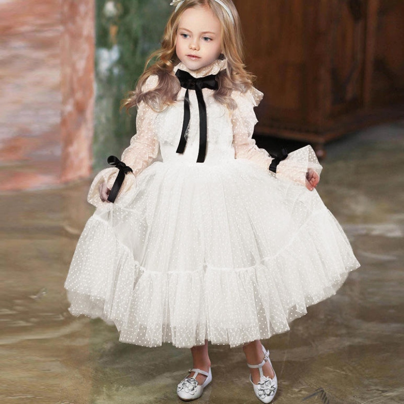 Polka-Dot Tiul Flower Girl Dresses Illusion Long Rleeves Girl Wedding Party Sukienka Wstążki Komunion Ubierz urodziny Nowy Rok