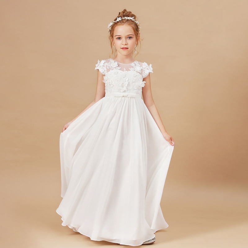 Kwiatowe sukienki Applique Slevile Dzieciowe przyjęcie urodzinowe suknie Eleganckie Vestidos 2-14