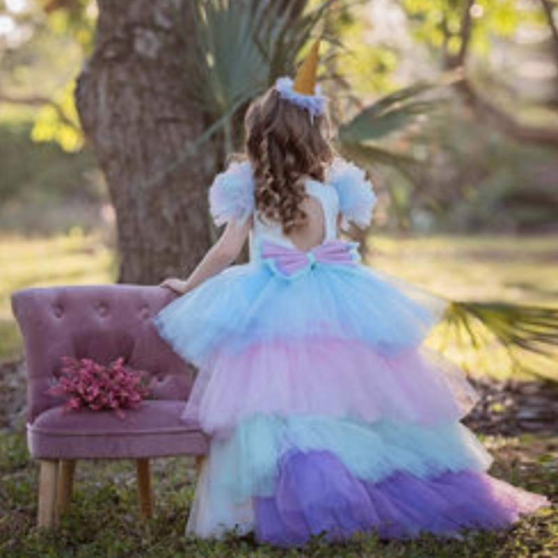 Sukienkana imprezę jednorożca dla dziewczyn kostium dziecięcy letni sukienka Dzieci Elegancka dziewczynanosić sukienkę księżniczki z długim pociągiem