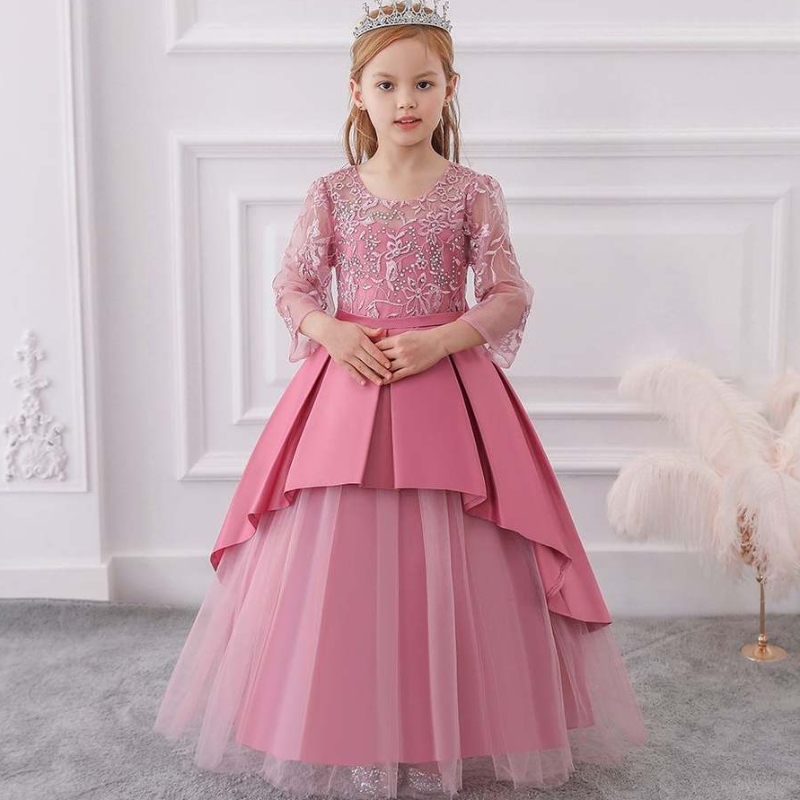 Baige Arab Lace Long Rleeves Sukienka księżniczka Summer Flower Girl Wedding Party Dress