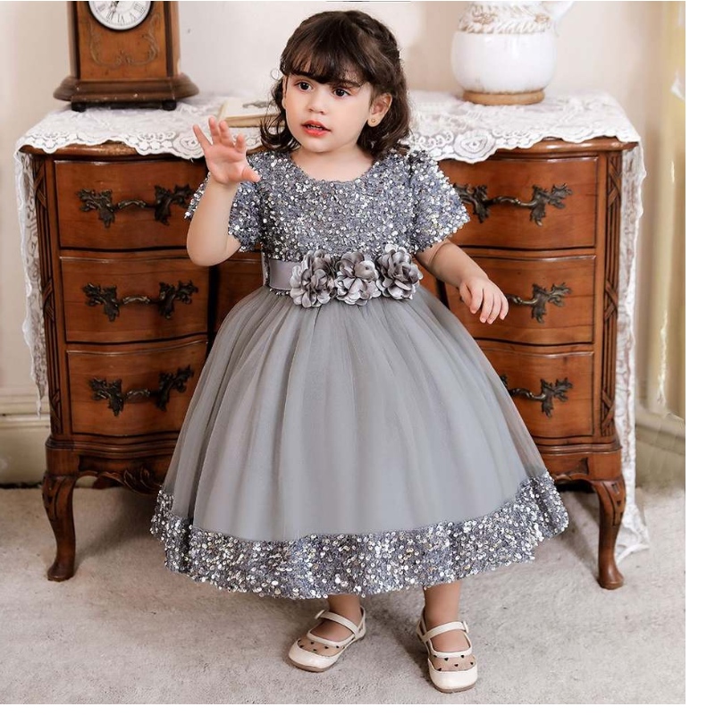 Baige Nowe dzieci Design Design for Baby Girl Balls Flower Kids 2 lata Sukienki chrztu