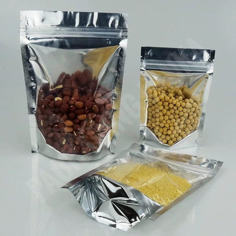 Aluminiowe torebki stojaki, czysty front z folią aluminiową, zamykanyna zamek błyskawiczny i ciepło
