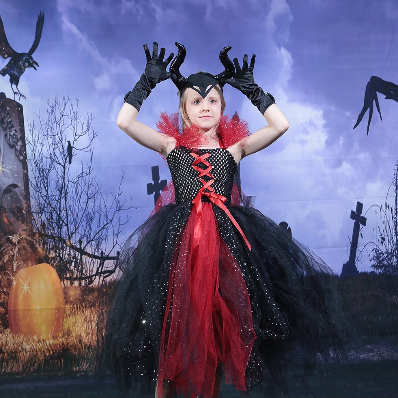 Amazon Hot Sprzedaż dla dzieci Deluxe Halloween Vampire Witch Costume Fairy Princess Evil Tutu Dress Rogs Opaskana głowę