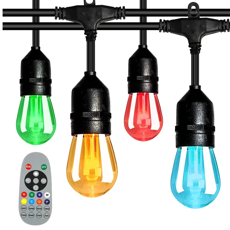 48 -metrowe kolorowe światła sznurkowe, 15 żarówek LED Shattproof Dimmable, IP65 Waterproof, RGBW migające światła sznurkowe z pilotem RF, ozdobne światła do ogrodu patio