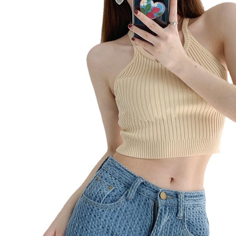 Nowa letnia kamizelka retro Suspeners Women \\ Solid Color Sleeveled Sweater Sweter Krótki kamizelka