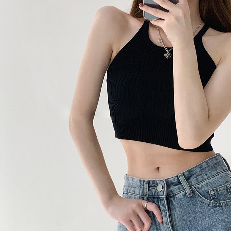 Nowa letnia kamizelka retro Suspeners Women \\ Solid Color Sleeveled Sweater Sweter Krótki kamizelka
