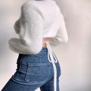 Seksowne głębokie kaset znutką krótki kępa sweter z dzianiny