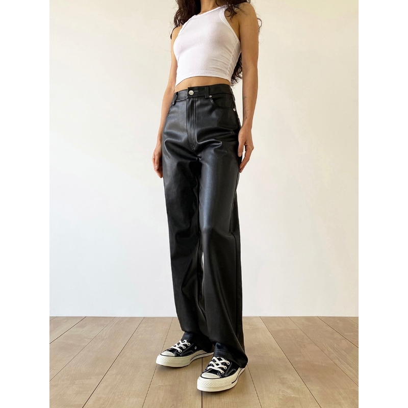 All-match retro pu skóra o wysokiej talii luźna torba hip Slim proste spodnie skórzane spodnie szerokie nogi