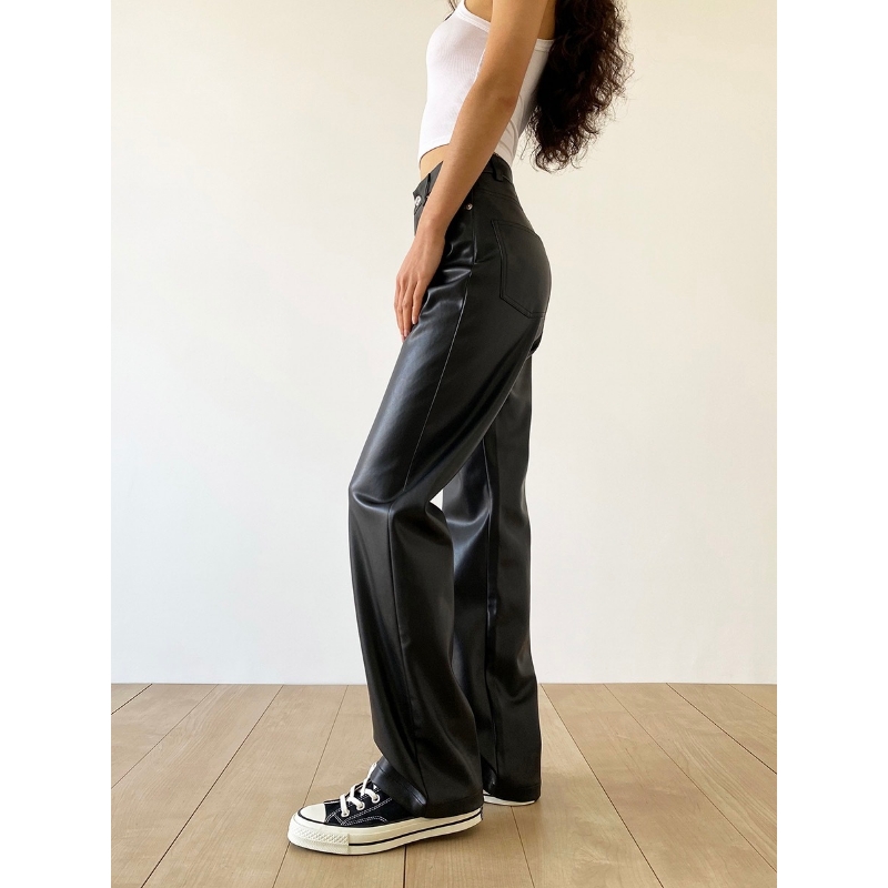 All-match retro pu skóra o wysokiej talii luźna torba hip Slim proste spodnie skórzane spodnie szerokie nogi