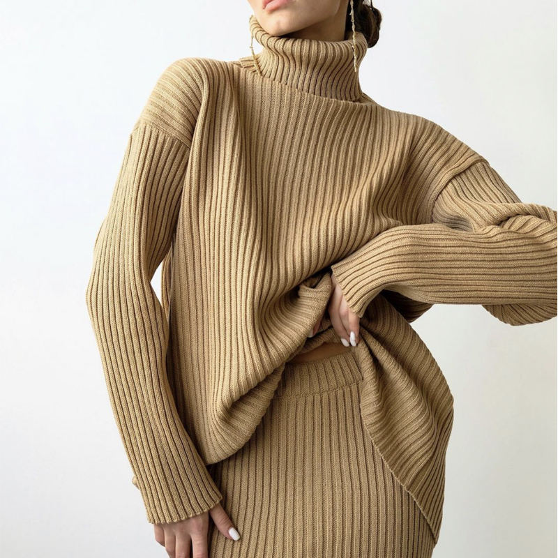 Winter New Fashion Custom Women's Warm Turtleeck Pullover Knitted Knitted Midi Squult 2 -Pan Ruit Sweter spódnicy