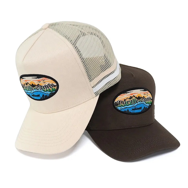 Klasyczneniestandardowe wysokie koronne Australia krajowy akryl 5 panel 3D haftowane logo strona 2 Stripe Trucker Hat Caps