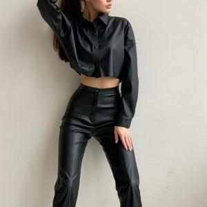Jesienna i zimowa motocykl seksowna matowa skórzana koszula z długim rękawem