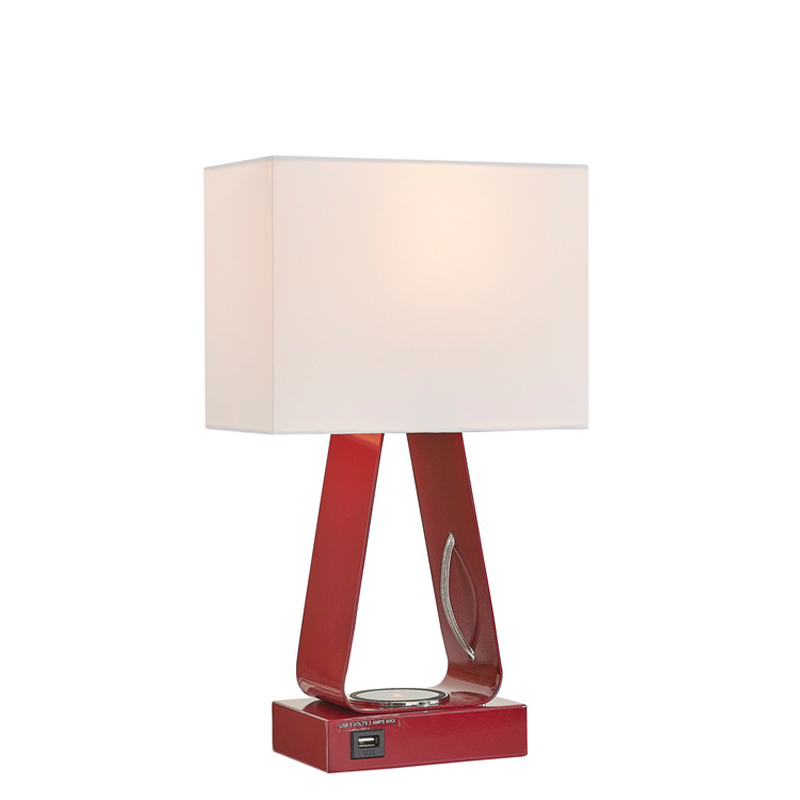 Mała lampa biurka z czerwonym wykończeniem, port ładowania USB, bezprzewodowa stacja ładowania i przełącznik rockera ON/off w pokoju gościnnym