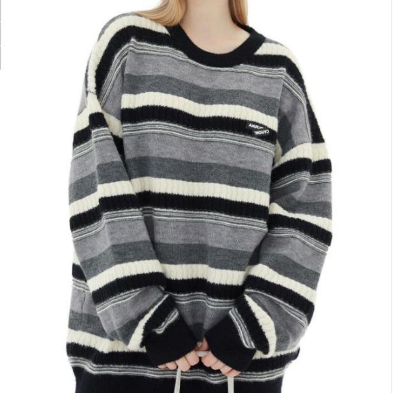 Sweter okrągły Sweetek z dzianinem w paski z długim rękawem dla mężczyzn i kobiet