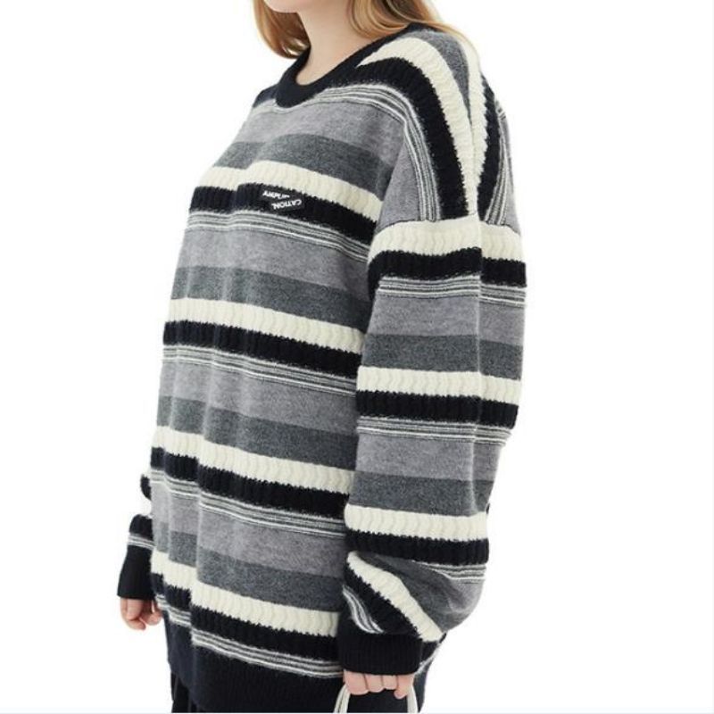 Sweter okrągły Sweetek z dzianinem w paski z długim rękawem dla mężczyzn i kobiet