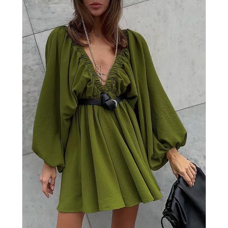 Retro Design Casual Wind V-Neck Solid Color Bluzka Autumn New Lantern Rękaw Wysoka talia sukienka Temperamentowa Kobieta