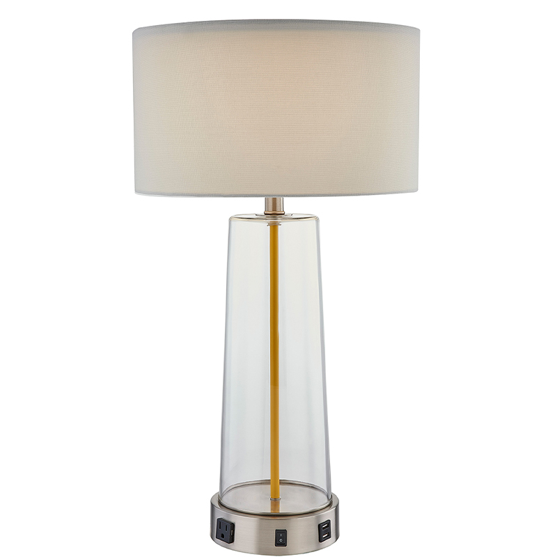 Hotelowa szklana lampa stołowa z przełącznikiem rockera on/off, wygodnym punktem sprzedaży i portem ładowania USB w hotelowym pokoju gościowym