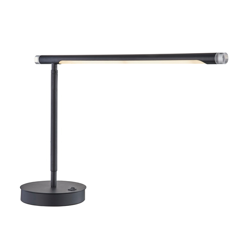 Regulowana lampa biurka LED z matowym czarnym wykończeniem i przełącznikiem rockowym ON/off w hotelowym pokoju gościnnym