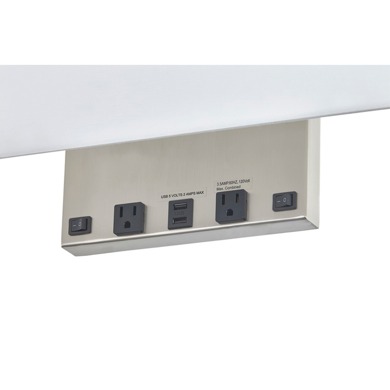 Eagles Landing Hotel Prostokątna lampa ścienna z szczotkowanym wykończeniemniklu, dwana przełącznikach rockerowych, dwa wygodne sklepy i podwójny port USB w hotelowym pokoju gościnnym