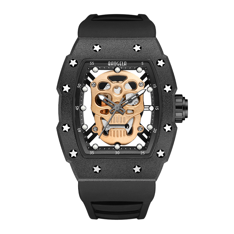 Baogela Skull Tonneau Watch Top marka kwarcowe zegarki ze stalinierdzewnej Wodoodporne kreatywne zegar silikonowy paseknanadgarstek Rose 4141