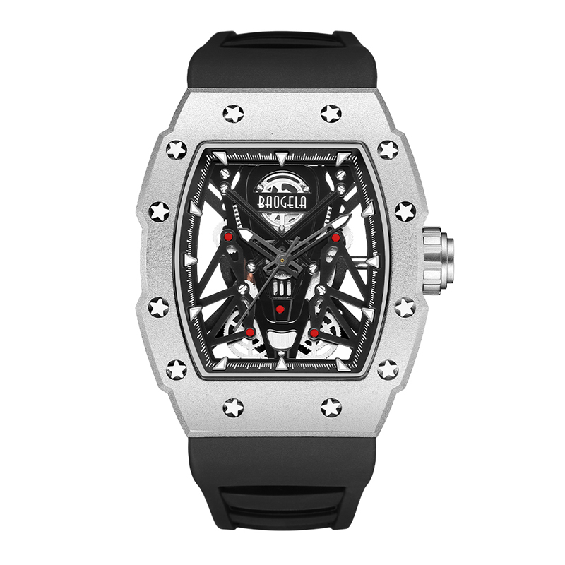 Baogela Silver Black Sport Quartz Watch for Men Tonneau Dial Analog wodoodporna zegarek z silikonowym paskiem Luminous Hands 4145
