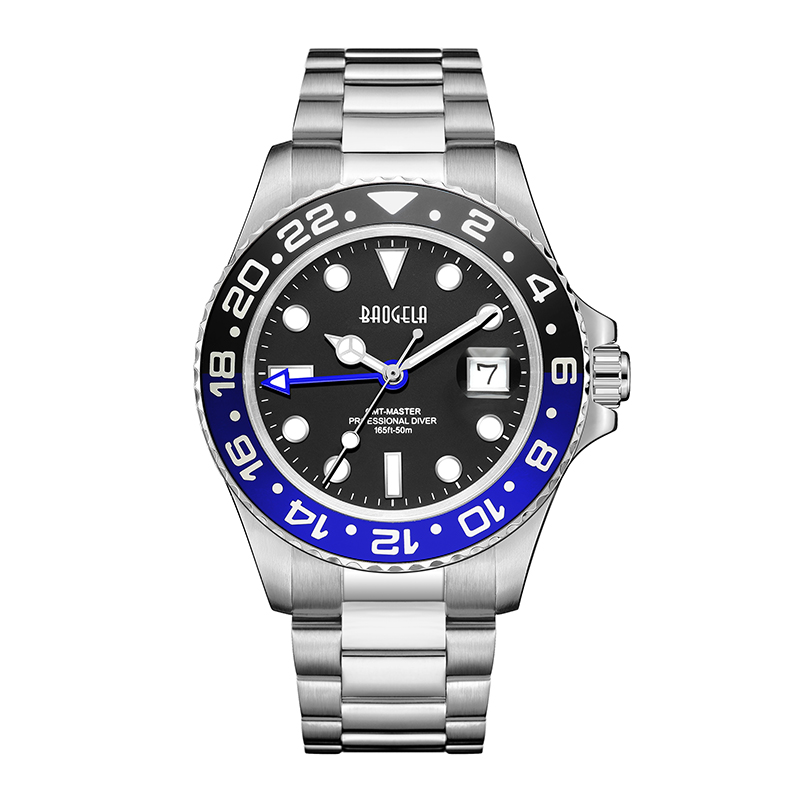 Baogela New Blue Red Water Ghost Watch Zegarek Mężczyźni 50 metrów Wodoodporny pasek ze stalinierdzewnej Szwajcarski ruch Relogio Masculino 22807