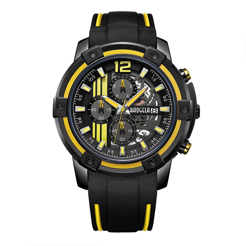 Czarny silikonowy pasek Baogel Men Watches Watches Chronograph Sportswatch dla mężczyzny 3atm Wodoodporne Luminous Hands Yellow 22701