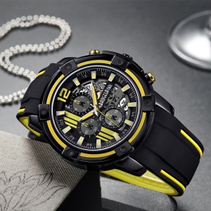Czarny silikonowy pasek Baogel Men Watches Watches Chronograph Sportswatch dla mężczyzny 3atm Wodoodporne Luminous Hands Yellow 22701