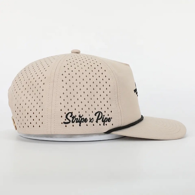 Hurtoweniestandardowe logo haftowe 5 panel tato Hat Wysokiej jakości poliester Golf Gorras, laserowe wycięte hole sportowe czarne czapkę baseballową