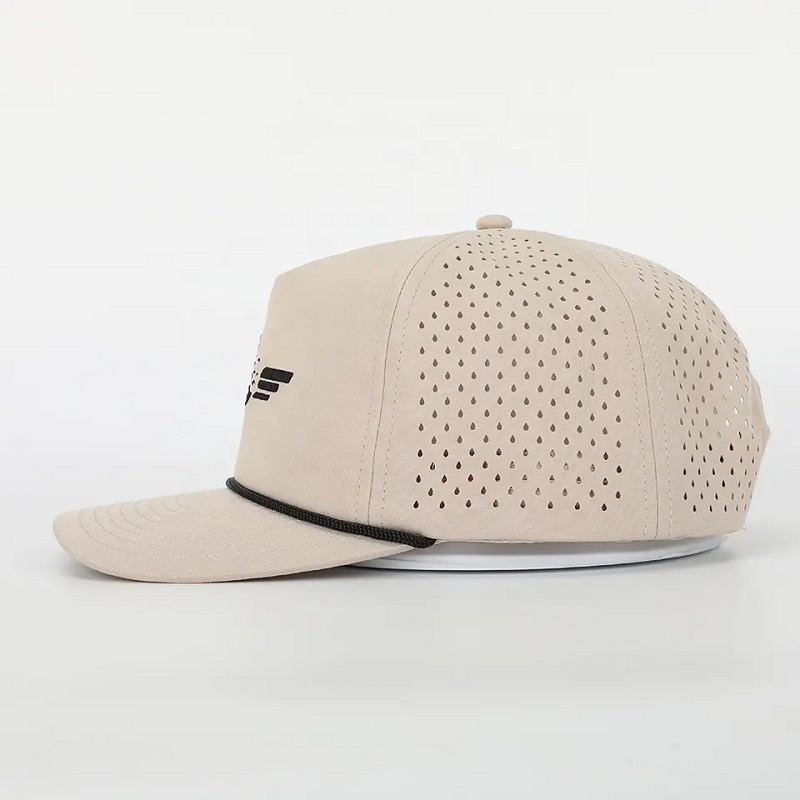 Hurtoweniestandardowe logo haftowe 5 panel tato Hat Wysokiej jakości poliester Golf Gorras, laserowe wycięte hole sportowe czarne czapkę baseballową