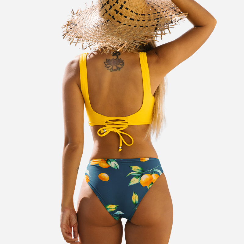 Żółty front&kwiatowy druk krawatowy zestaw bikini