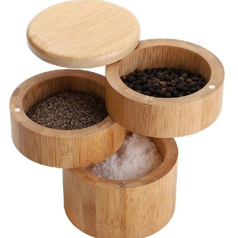 3 poziomy bambusowej pudełka soli, bambusowa pudełkona przyprawy z magnetycznym