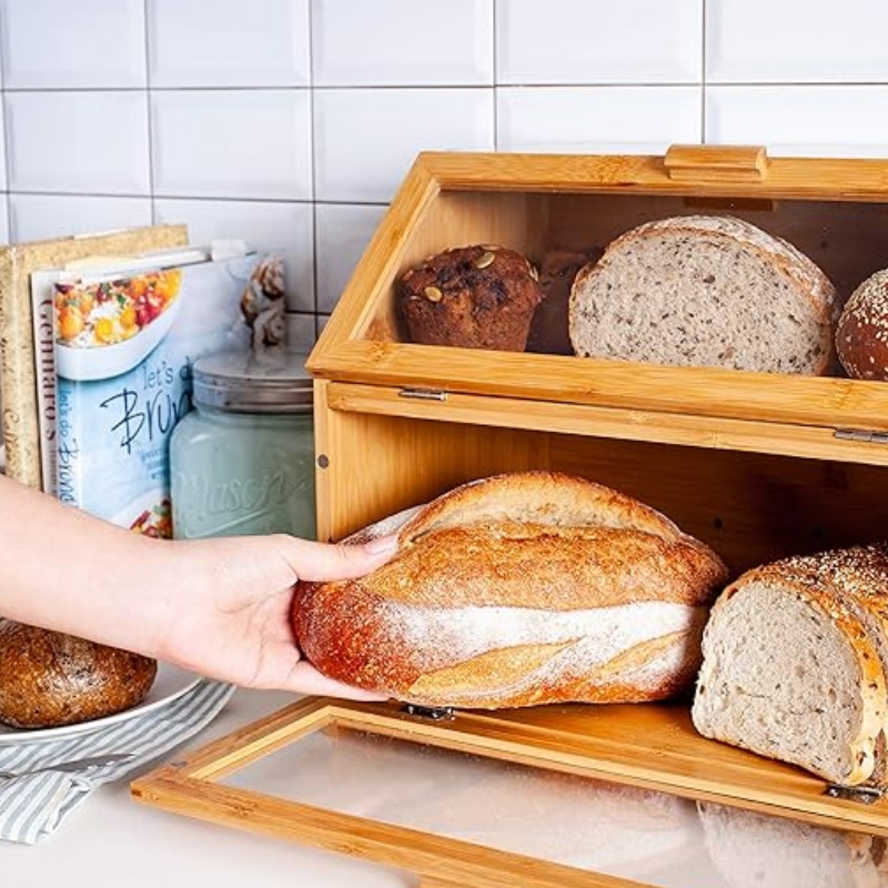 Bambusowa pudełkona chleb do blatu kuchennego - podwójna warstwowa przechowywanie chleba z przezroczystymi oknami - rustykalny pojemnikna chleb w stylu wiejskim