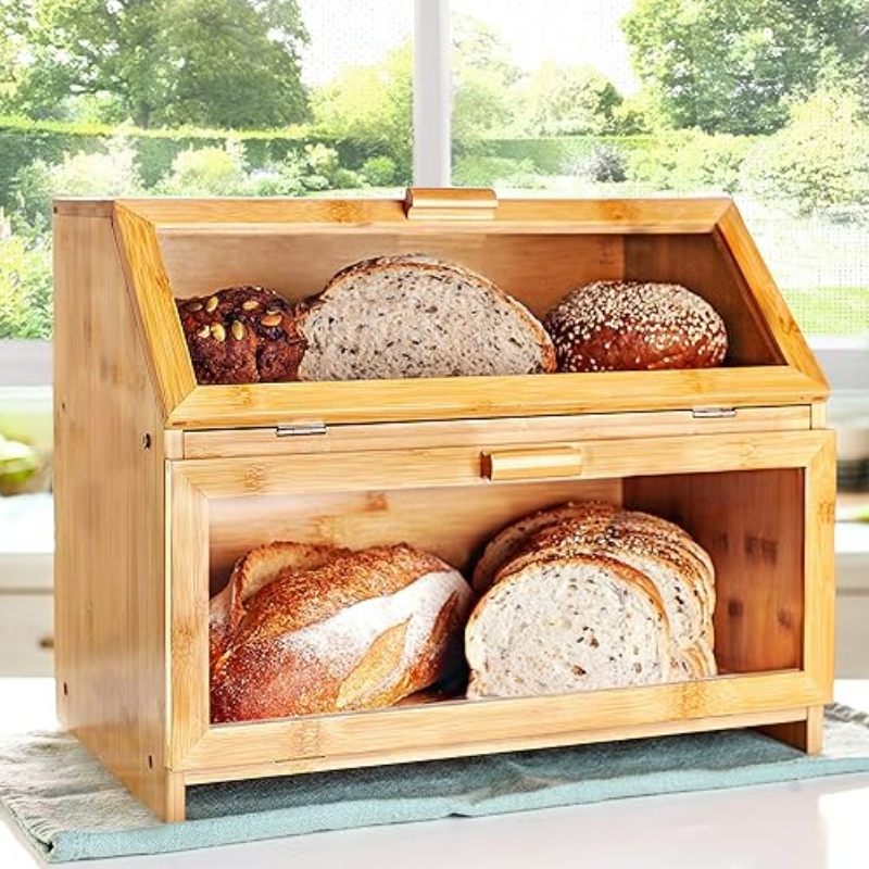 Bambusowa pudełkona chleb do blatu kuchennego - podwójna warstwowa przechowywanie chleba z przezroczystymi oknami - rustykalny pojemnikna chleb w stylu wiejskim