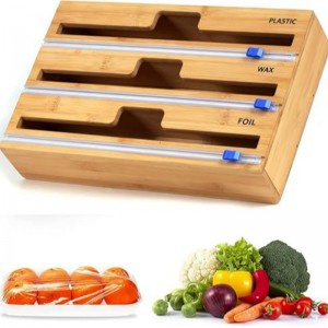 3 w 1 Wrap Dozownik znożem, folią plastikową, folią aluminiową i dozownik papieru woskowego do szuflady kuchennej, uchwytna organizator bambusa, kompatybilny z Roll 12 \\\\ \\\