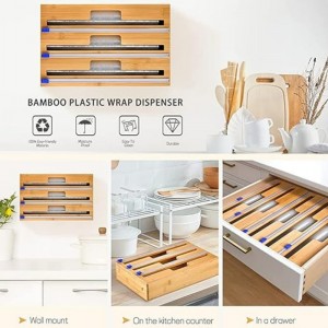 3 w 1 Wrap Dozownik znożem, folią plastikową, folią aluminiową i dozownik papieru woskowego do szuflady kuchennej, uchwytna organizator bambusa, kompatybilny z Roll 12 \\\\ \\\