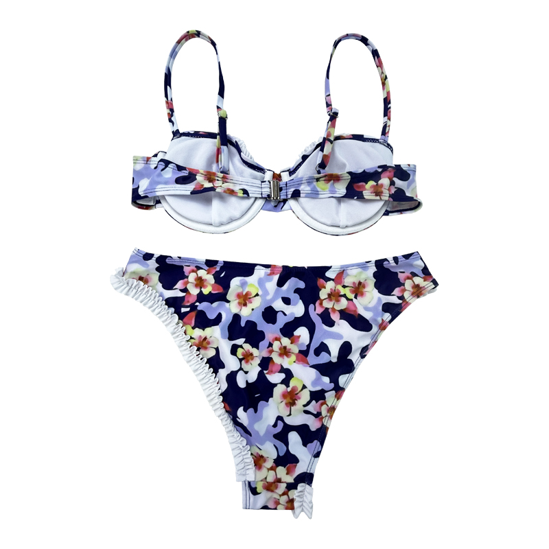 Kwiatowy marszczonynieregularny bikini ustawiony dwuczęściowy strój kąpielowy