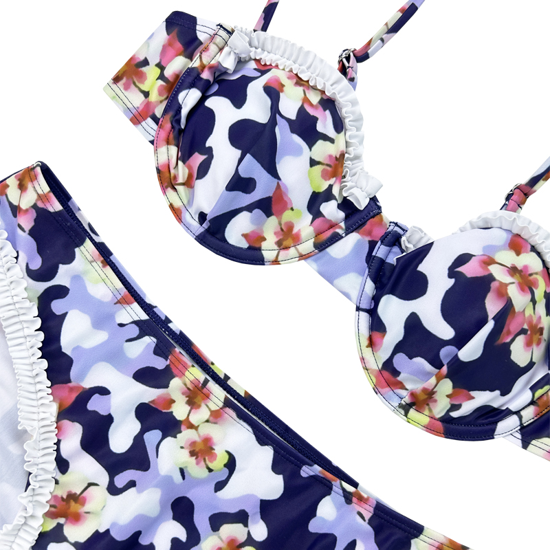 Kwiatowy marszczonynieregularny bikini ustawiony dwuczęściowy strój kąpielowy