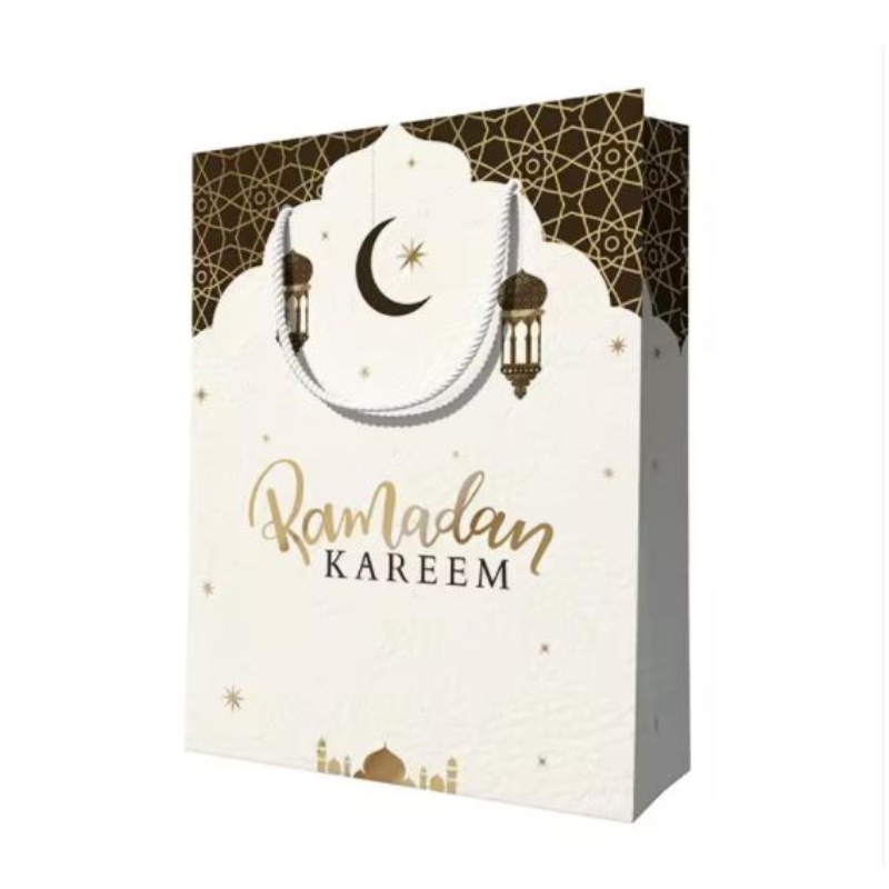 Niestandardowy projekt wielokrotnego użytku Eid Mubarak Ramanda Muślin Islamski Festiwal Zakupy Opakowanie papierowe torbyna prezent z uchwytami